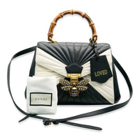 Black White Calfskin Queen Margaret Bamboo Top Handle Bag