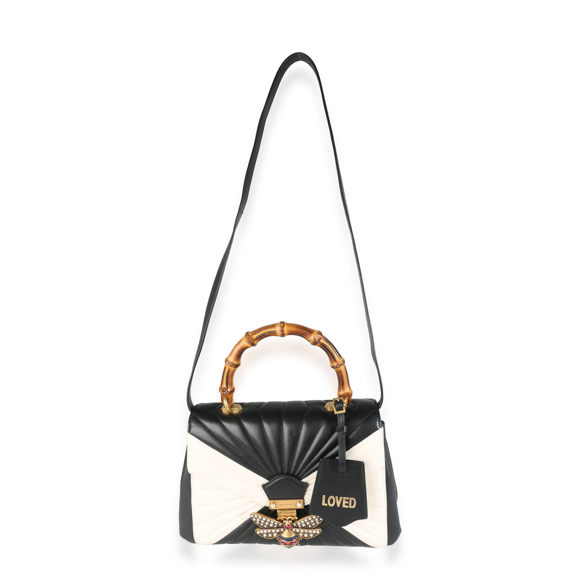 Black White Calfskin Queen Margaret Bamboo Top Handle Bag