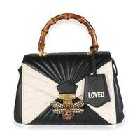 Black White Calfskin Queen Margaret Bamboo Top Handle Bag