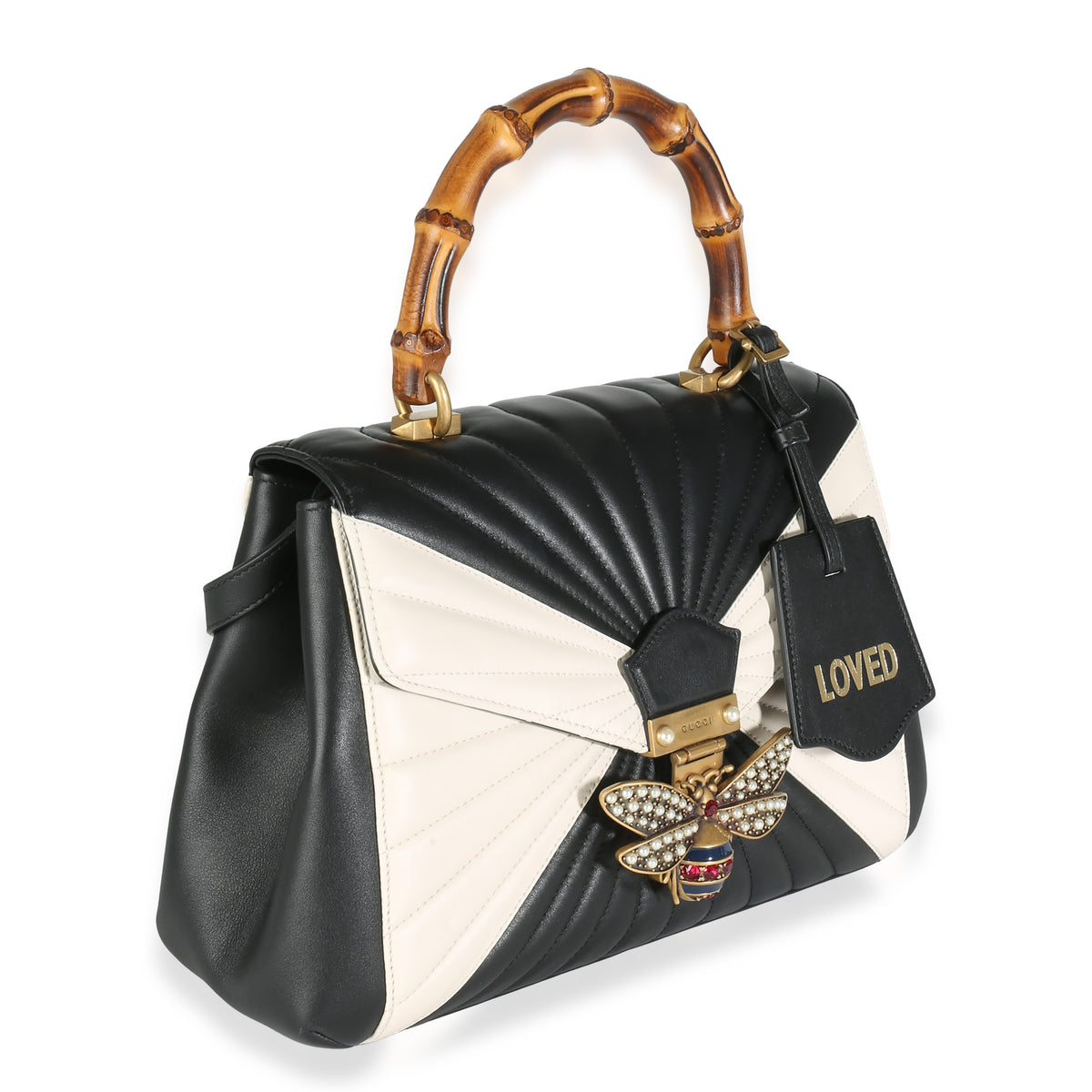 Black White Calfskin Queen Margaret Bamboo Top Handle Bag