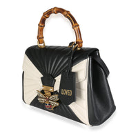 Black White Calfskin Queen Margaret Bamboo Top Handle Bag