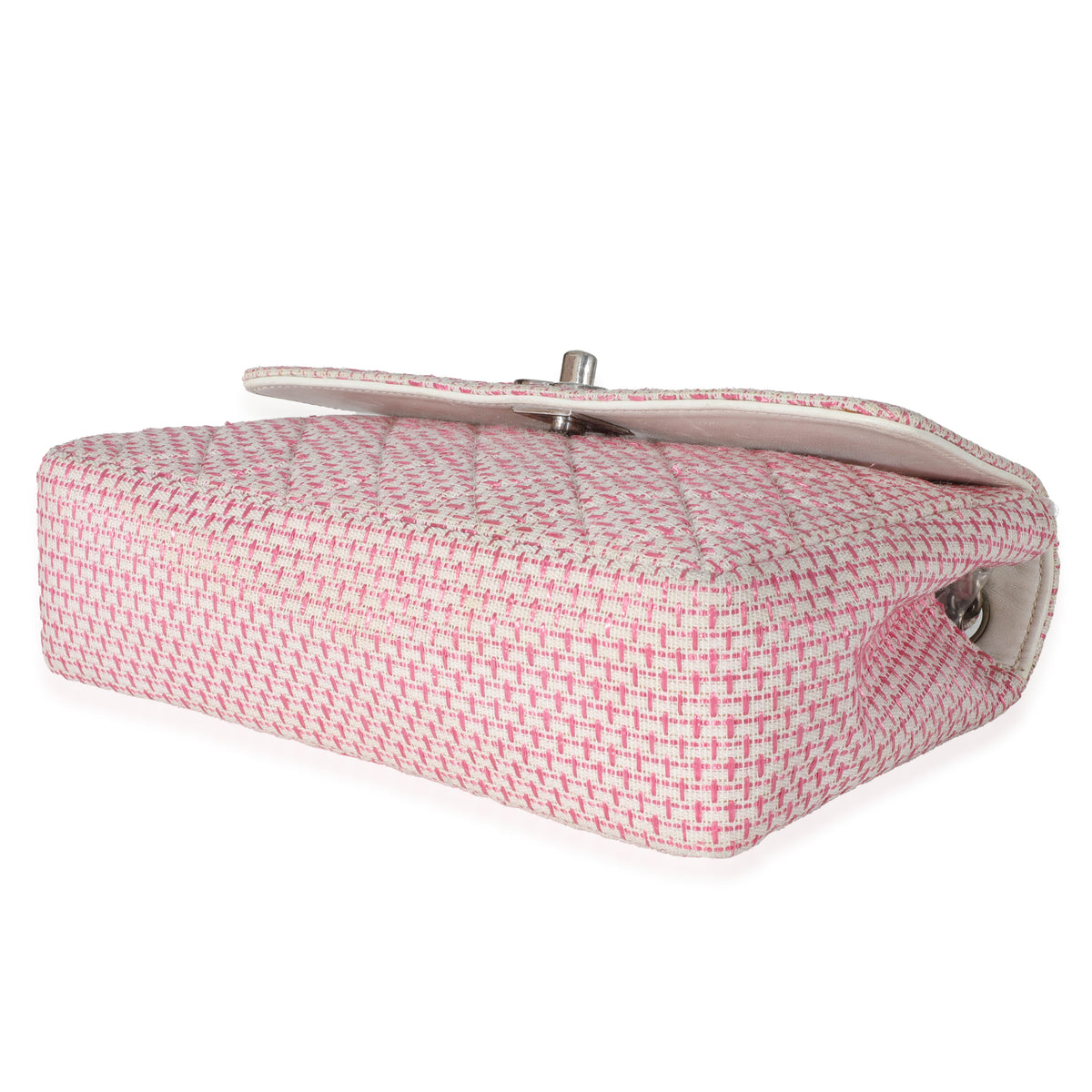 Woven Raffia Pink White Small CC Shoulder Flap Bag