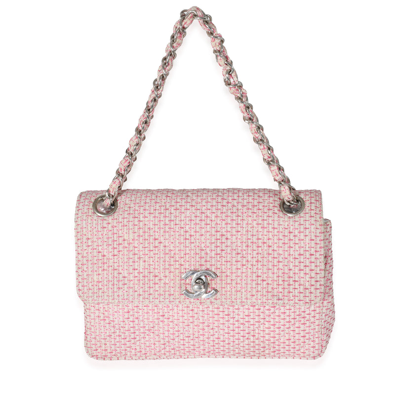 Woven Raffia Pink White Small CC Shoulder Flap Bag