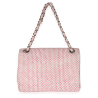 Woven Raffia Pink White Small CC Shoulder Flap Bag