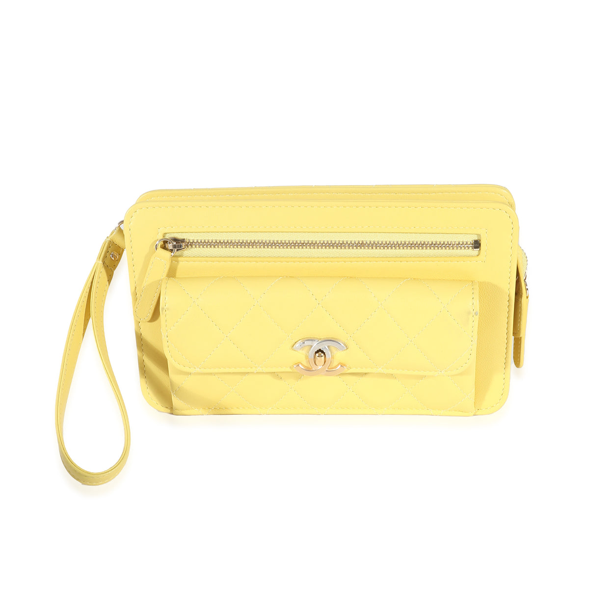 Yellow Lambskin Quilted Front Pocket Wristlet