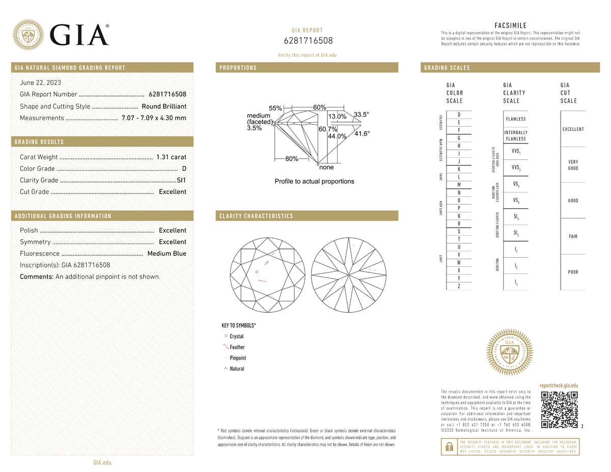 GIA Certified 1.31 Ct Round cut D SI1 Loose Diamond