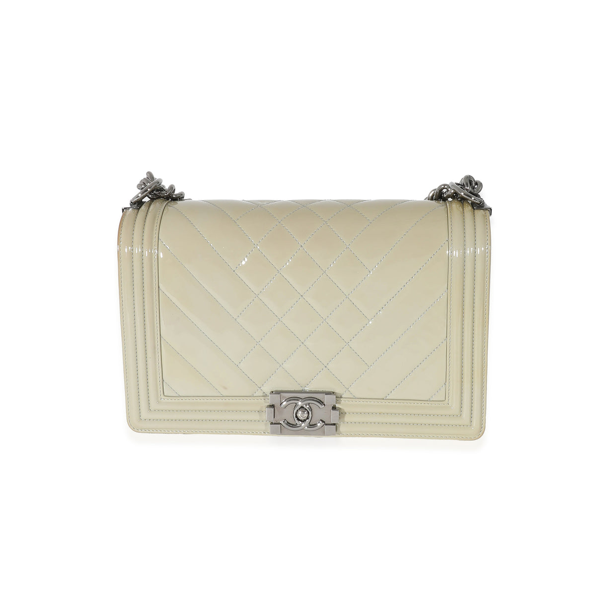 Chanel 14P Grey Patent Mix Quilted New Medium Boy Bag Handbag fv