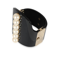 2015 Gold Tone Resin Hinged Bangle Bracelet With Faux Pearls