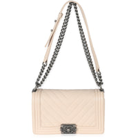 Light Beige Chevron Quilted Caviar Leather Medium Boy Bag