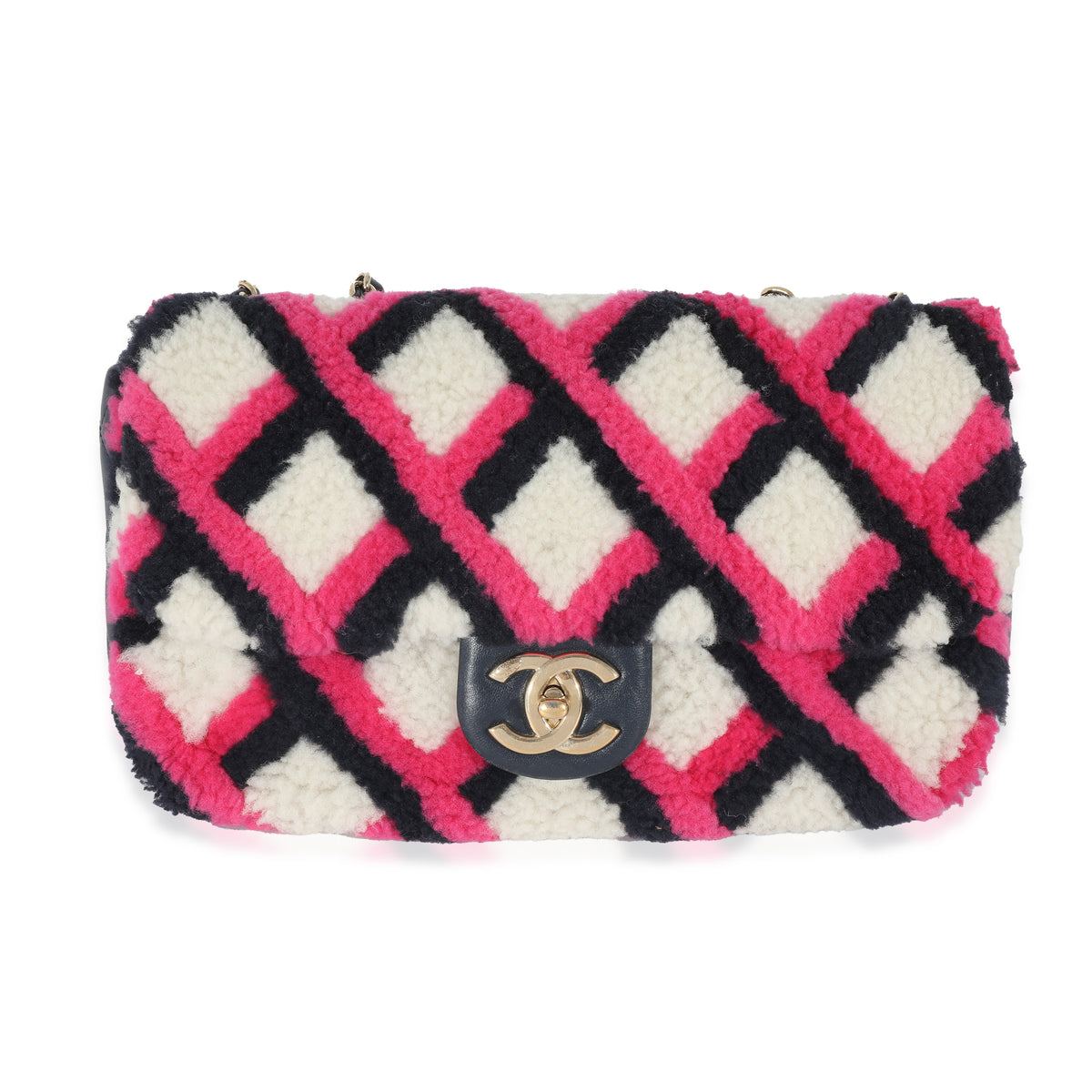 Chanel Fuchsia Navy White Shearling Lambskin Emoticon Single Flap Bag Handbag fv