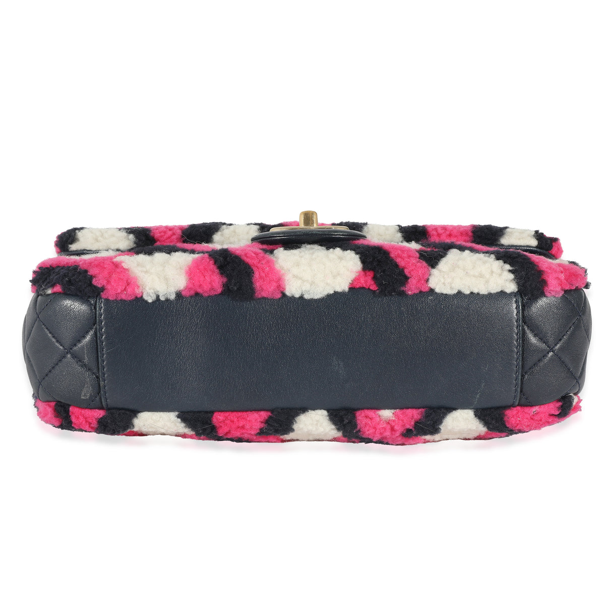 Chanel Fuchsia Navy White Shearling Lambskin Emoticon Single Flap Bag Handbag stamp