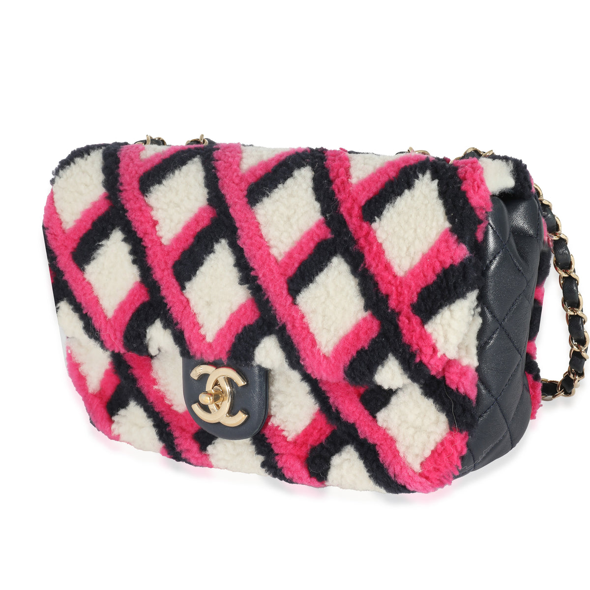 Chanel Fuchsia Navy White Shearling Lambskin Emoticon Single Flap Bag Handbag sv