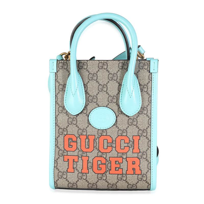Gucci Blue Leather GG Supreme Canvas Tiger Mini Tote
