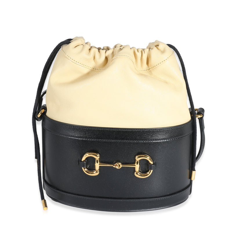 Gucci Black Beige Calfskin Horsebit 1955 Drawstring Bucket Bag