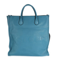 Blue Leather Logo Embossed Shopper Tote