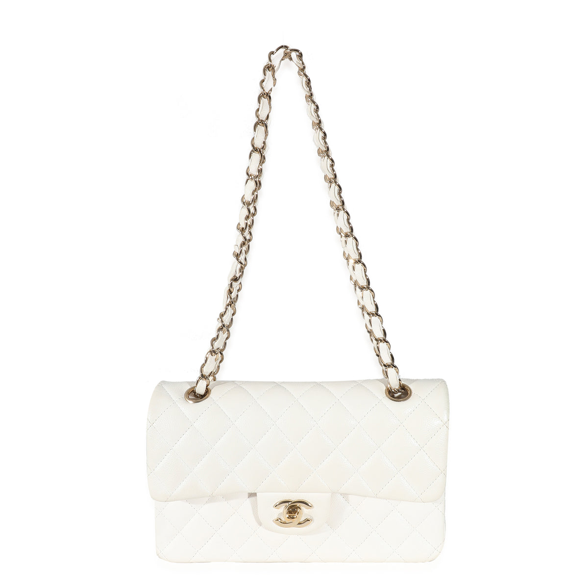 White Quilted Caviar Small Classic Double Flap Handbag