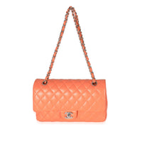 Chanel Orange Quilted Lambskin Medium Classic Double Flap Bag Handbag bv