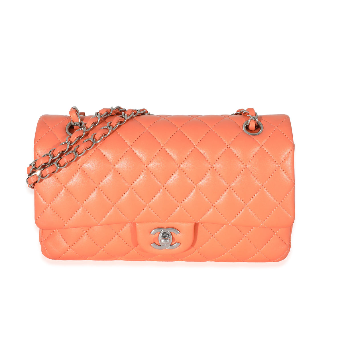 Chanel Orange Quilted Lambskin Medium Classic Double Flap Bag Handbag fv