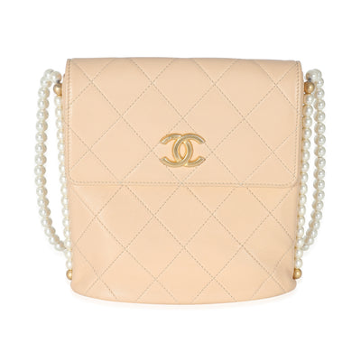 Beige Quilted Calfskin Small Pearl Chain Hobo