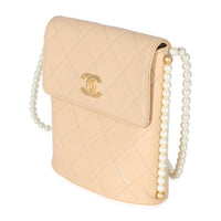 Beige Quilted Calfskin Small Pearl Chain Hobo