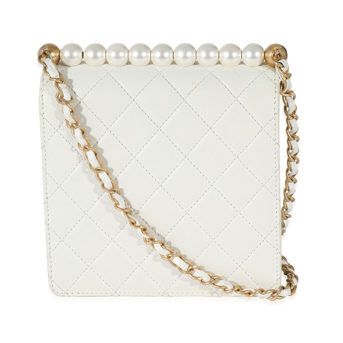White Quilted Goatskin Vertical Chic Pearls Flap Bag