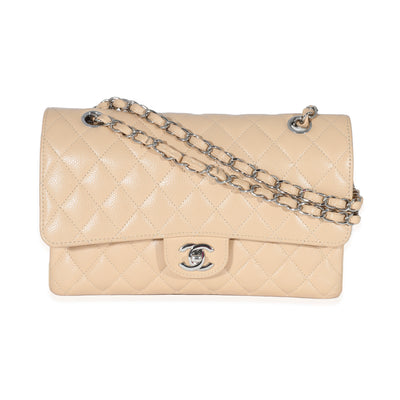 Beige Quilted Caviar Medium Classic Double Flap Handbag