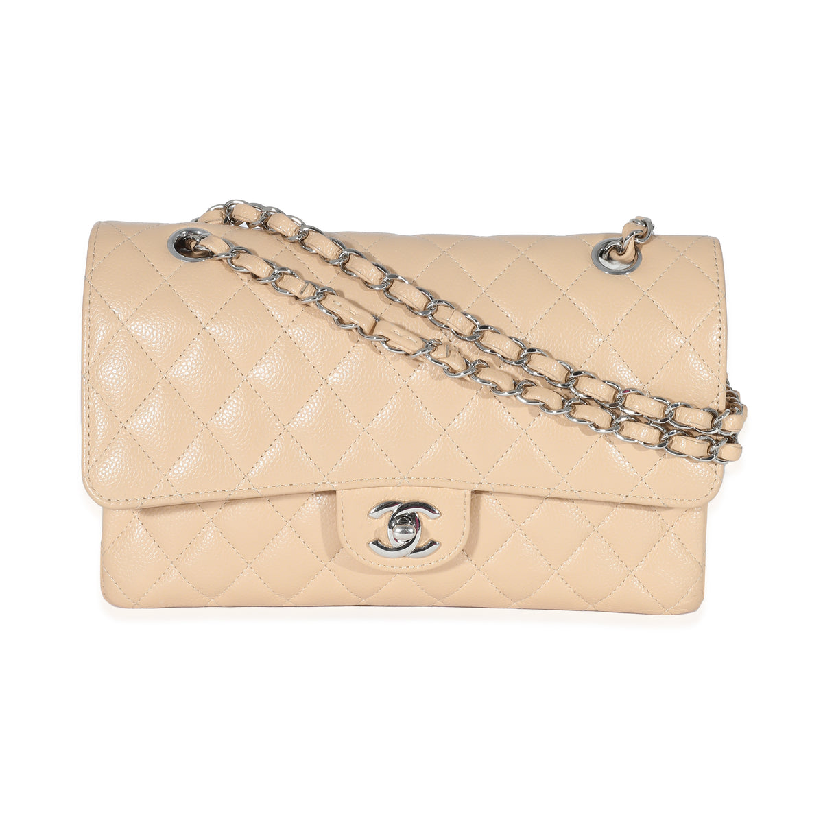 Beige Quilted Caviar Medium Classic Double Flap Handbag