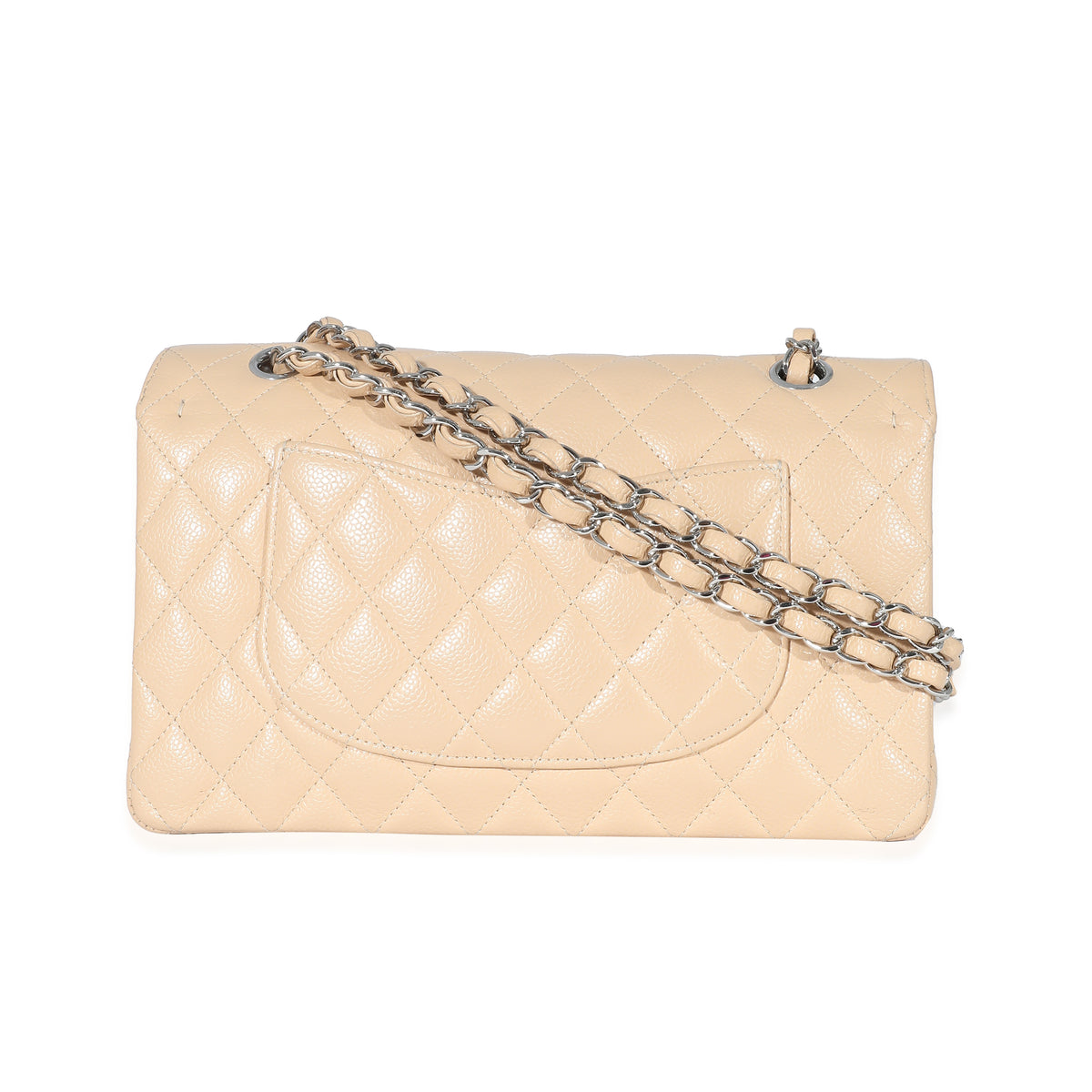 Beige Quilted Caviar Medium Classic Double Flap Handbag