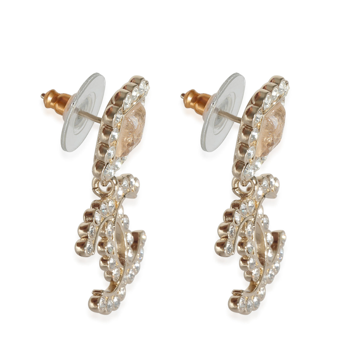 Chanel 2021 CC Drop Gold Tone Earring With Strass & Resin