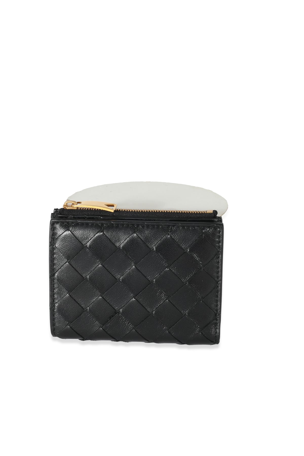 Black Intrecciato Lambskin Tri-Fold Zip Wallet