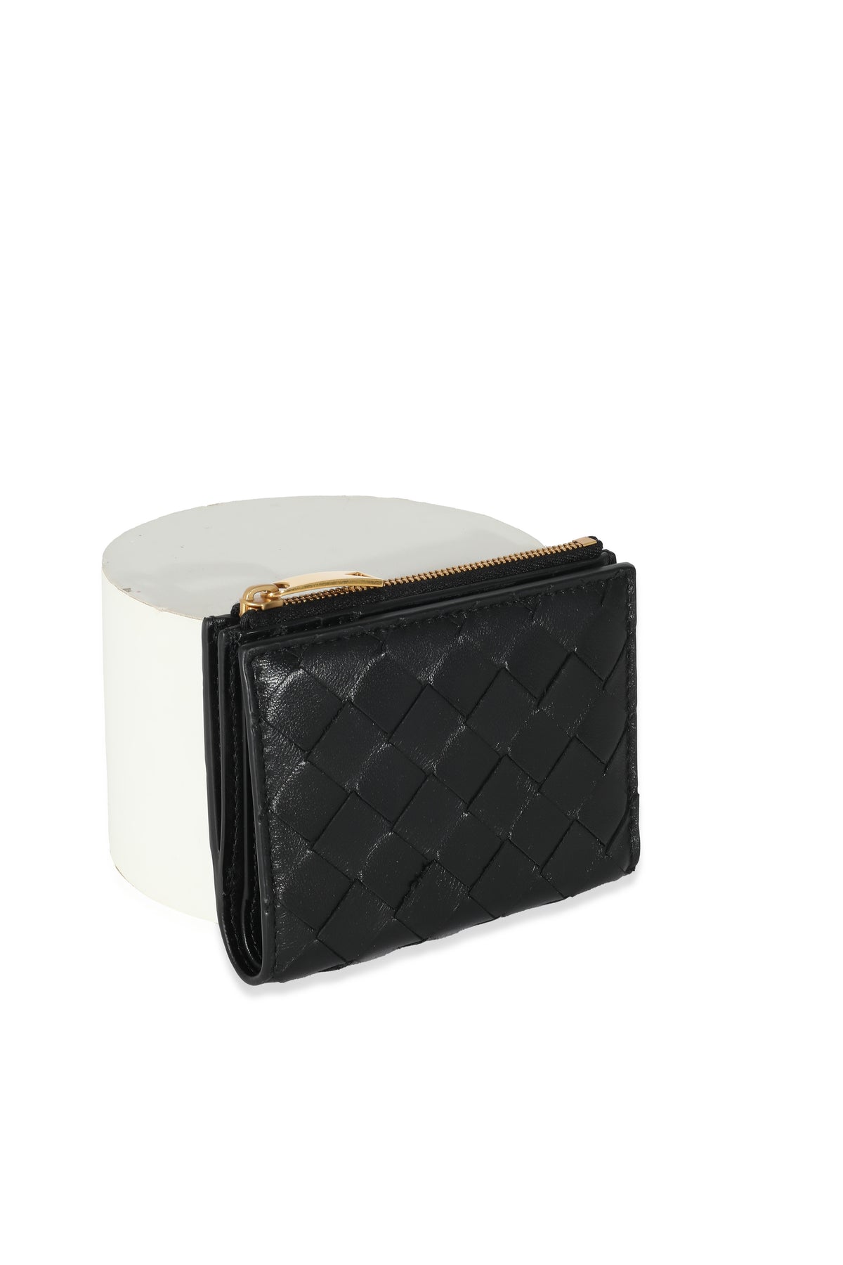 Black Intrecciato Lambskin Tri-Fold Zip Wallet