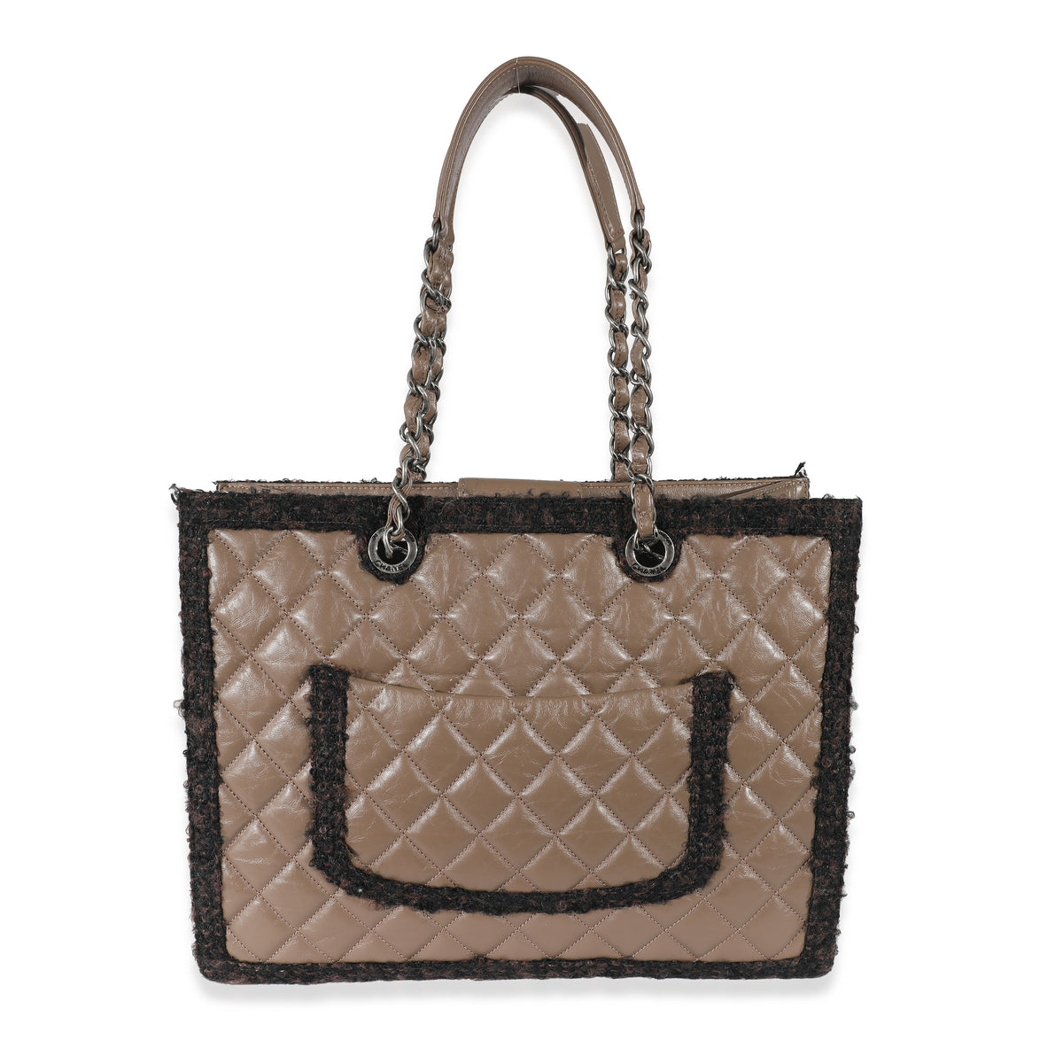 Chanel Taupe Quilted Aged Calfskin Tweed  Secrets Tote Handbag stamp