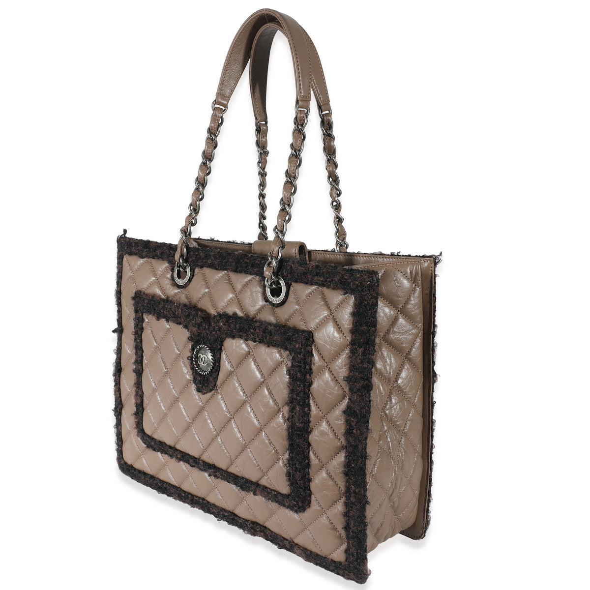 Chanel Taupe Quilted Aged Calfskin Tweed  Secrets Tote Handbag sv