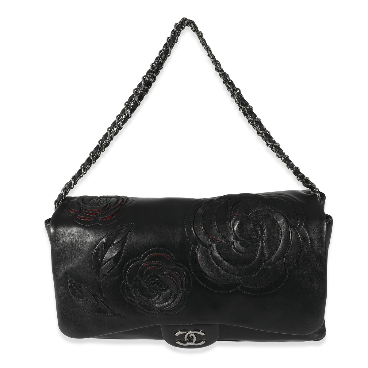 Chanel Black Lambskin Paris Shanghai Camellia Flap Bag Handbag fv