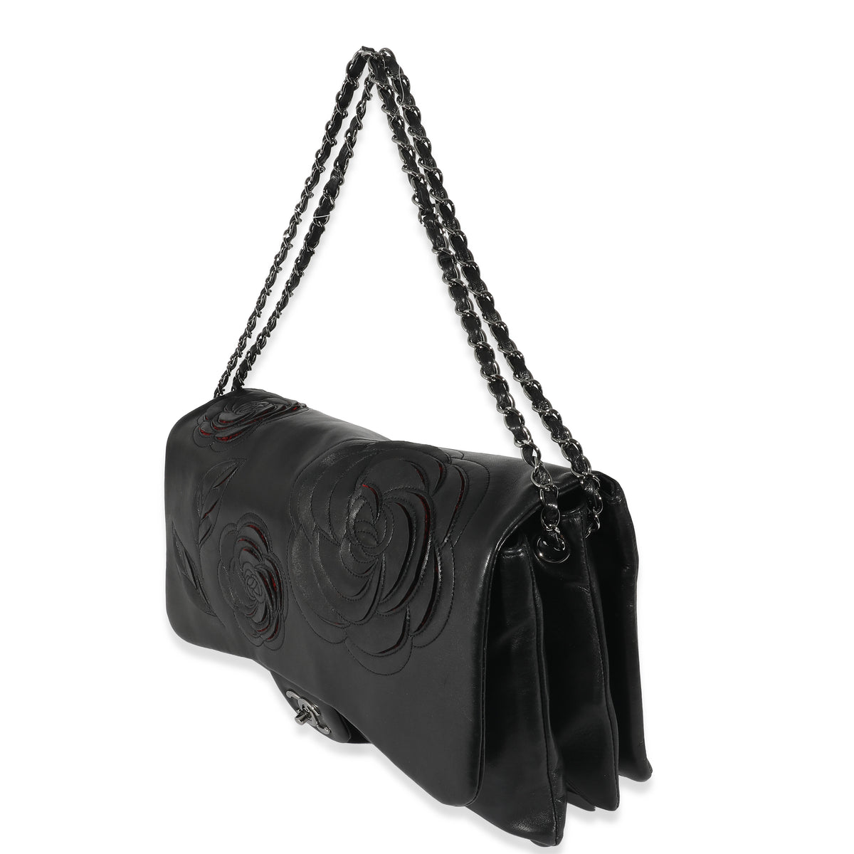 Chanel Black Lambskin Paris Shanghai Camellia Flap Bag Handbag sv