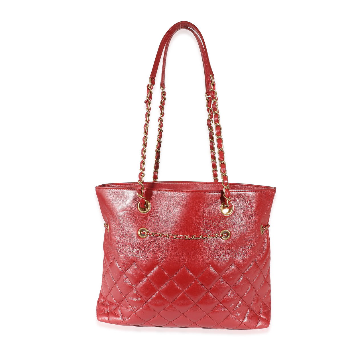 Chanel Metallic Red Quilted Calfskin CC Drawstring Tote Handbag stamp