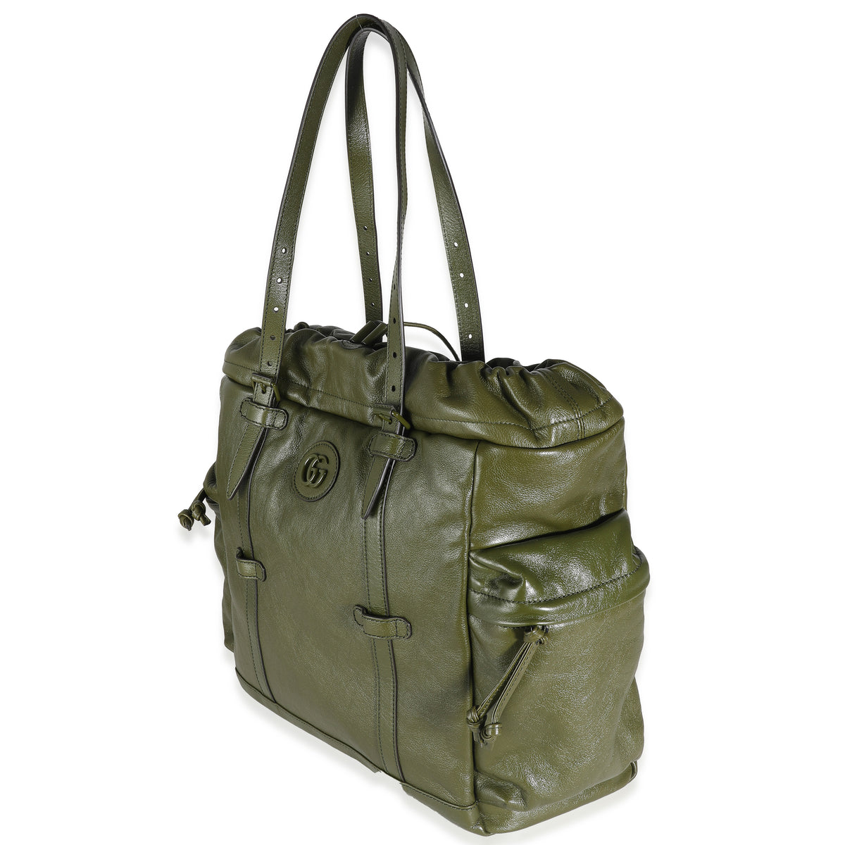 Green Leather GG Drawstring Tote