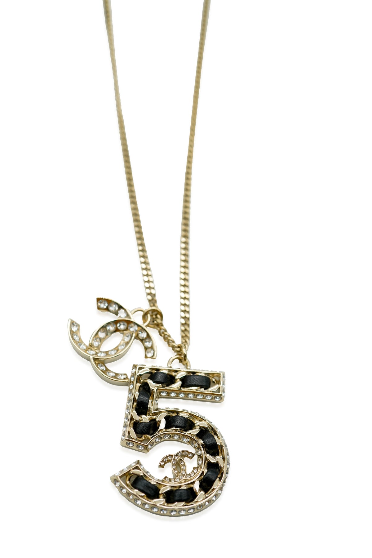 2023 No.5 Woven Chain Pendant WIth Strass CC And Leather Gold Plated