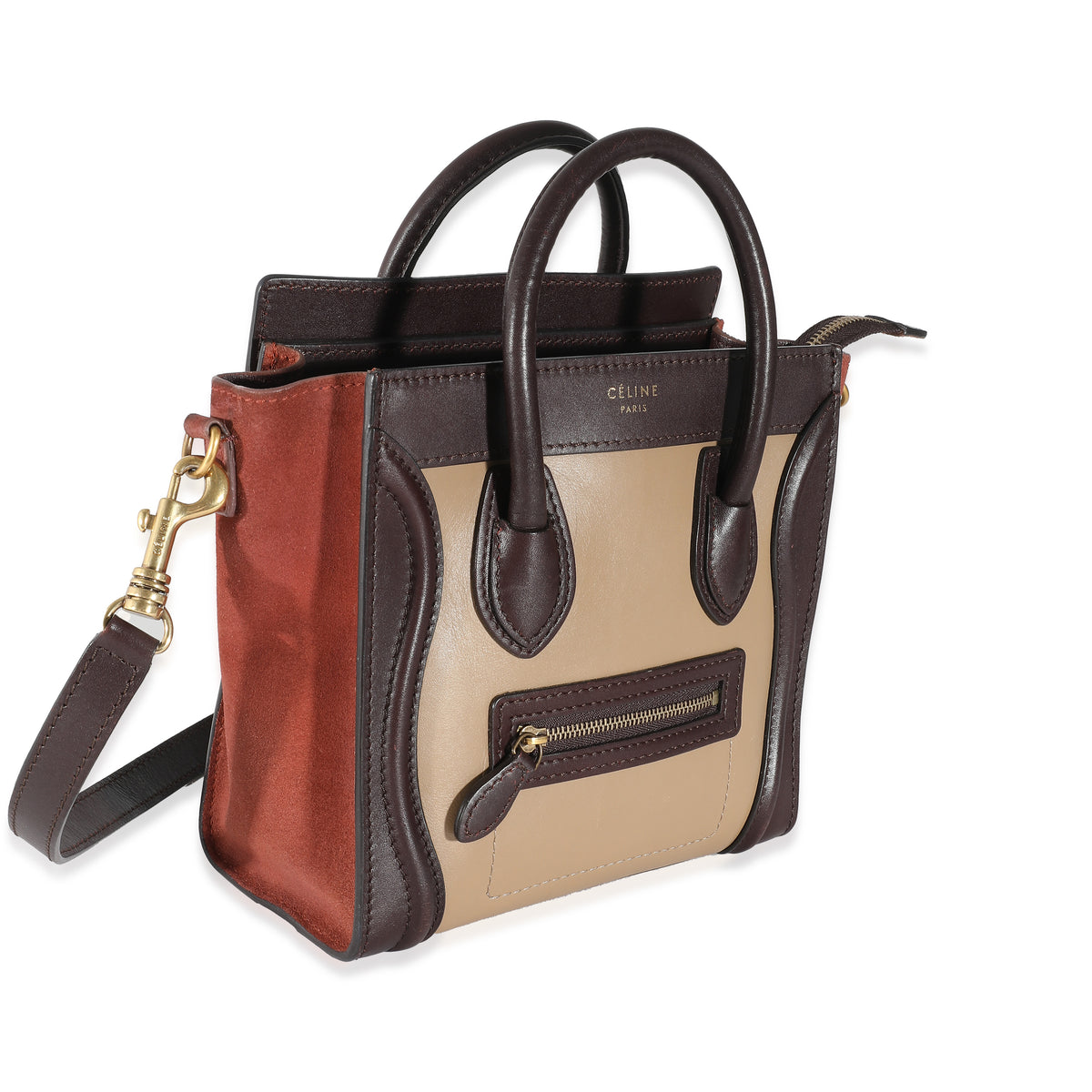 Celine Burgundy Beige Brown Tri-Colour Suede Leather Nano Luggage