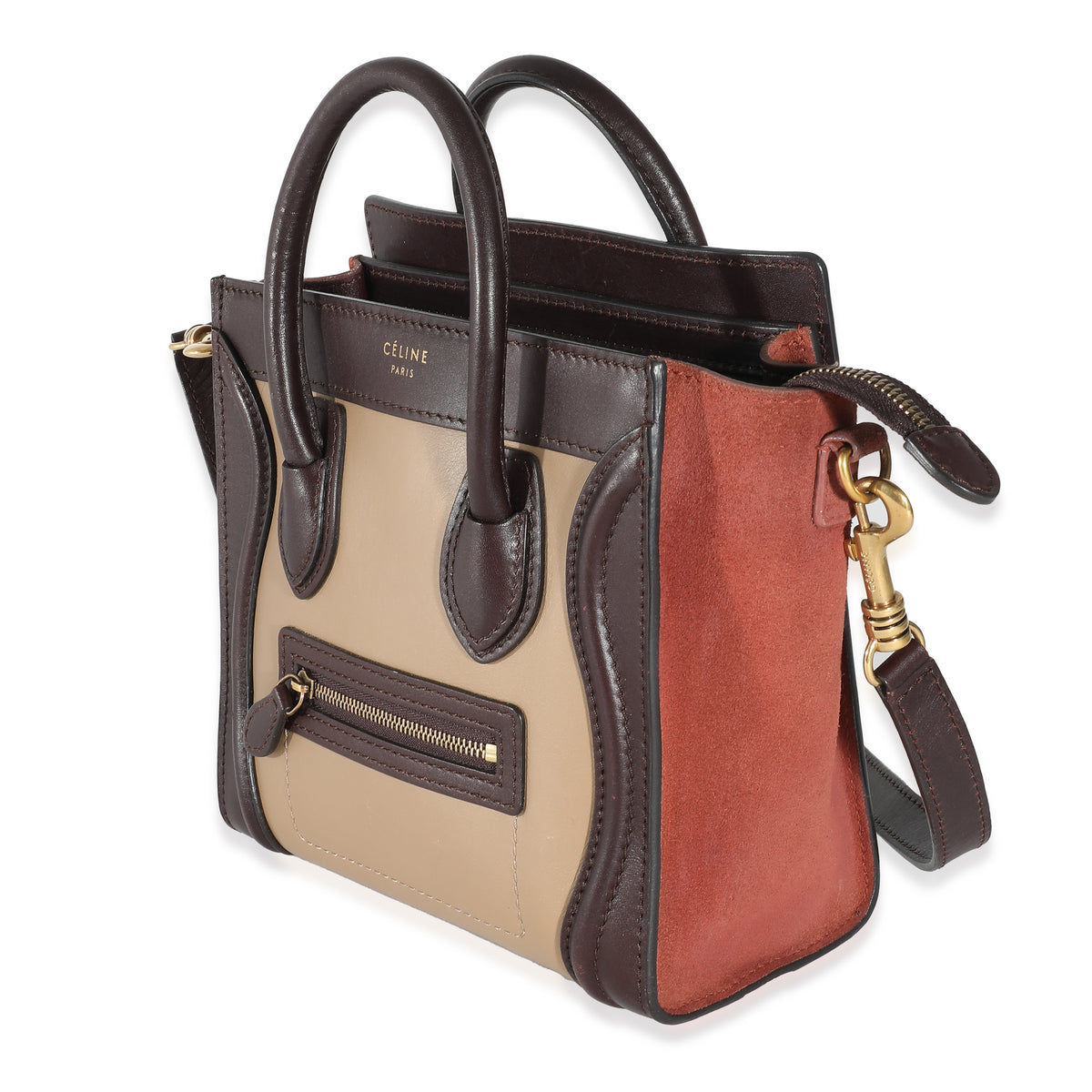 Celine Burgundy Beige Brown Tri-Colour Suede Leather Nano Luggage