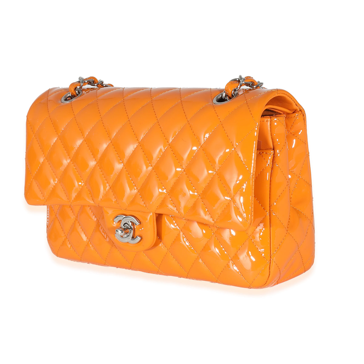 Orange Quilted Patent Medium Classic Double Flap Bag