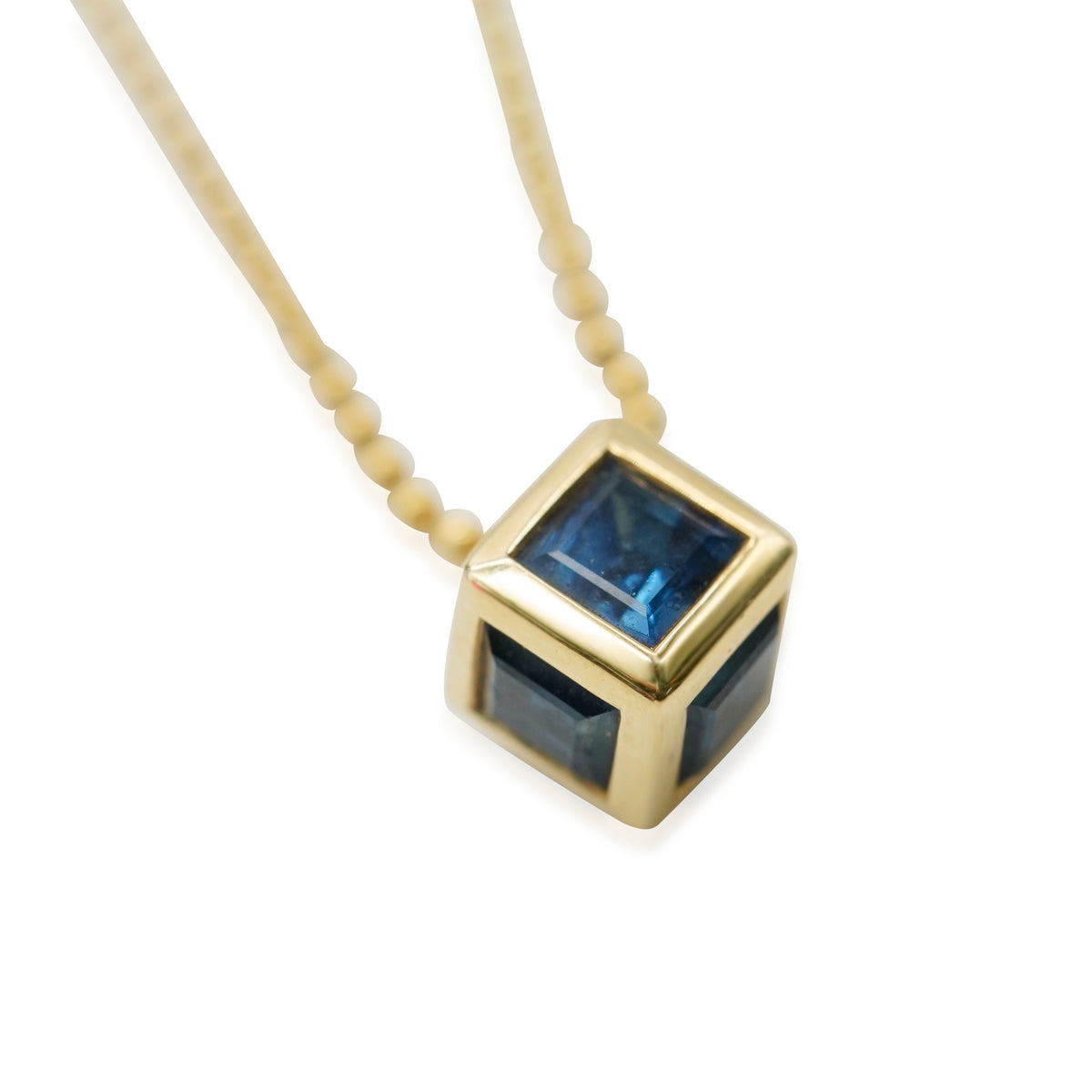 Sapphire & Diamond Cube Pendant in 18K Yellow Gold