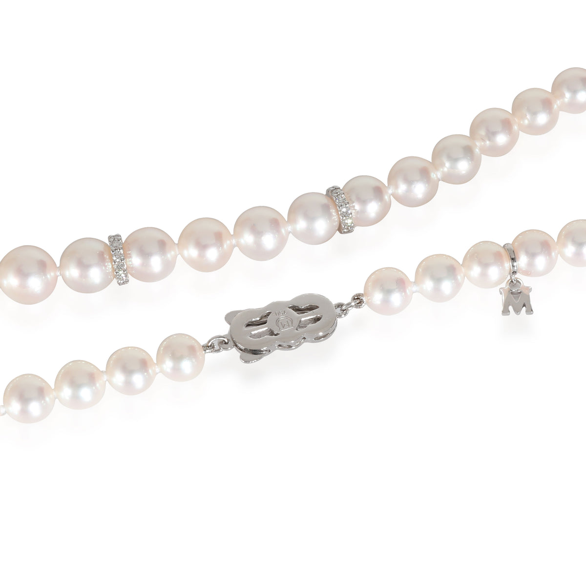 White Gold Akoya Graduated Pearl Strand Necklace With Diamond Rondelles