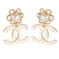 CC Dangle Earrings with Faux Pearls & White Enamel I 23 C