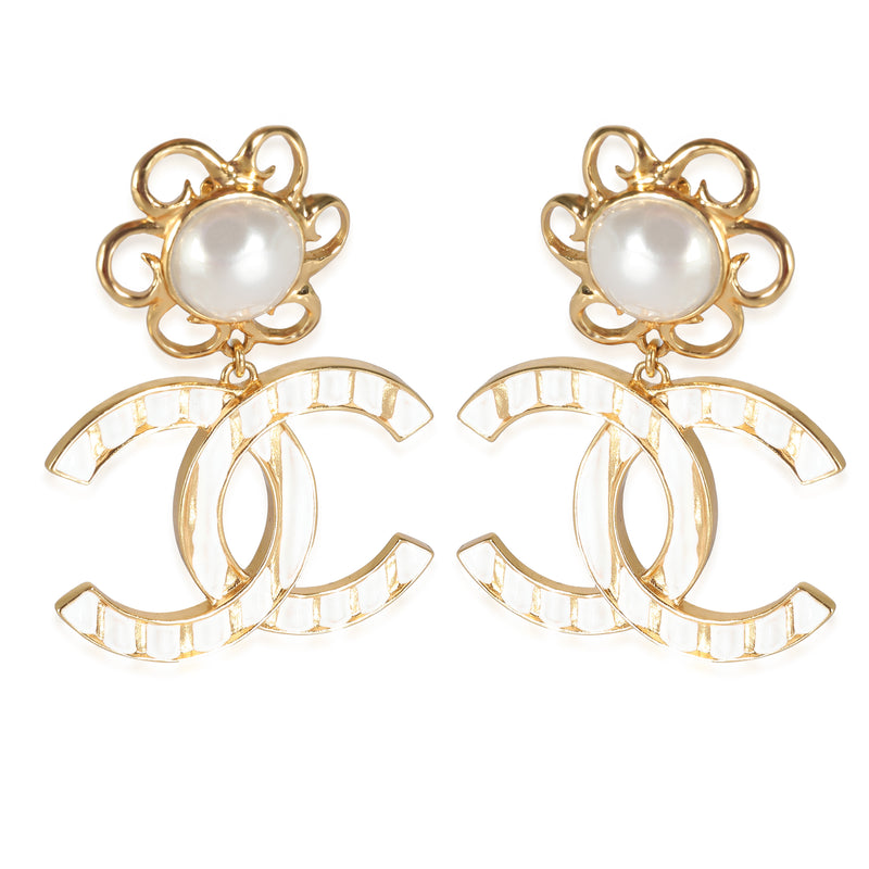 CC Dangle Earrings with Faux Pearls & White Enamel I 23 C