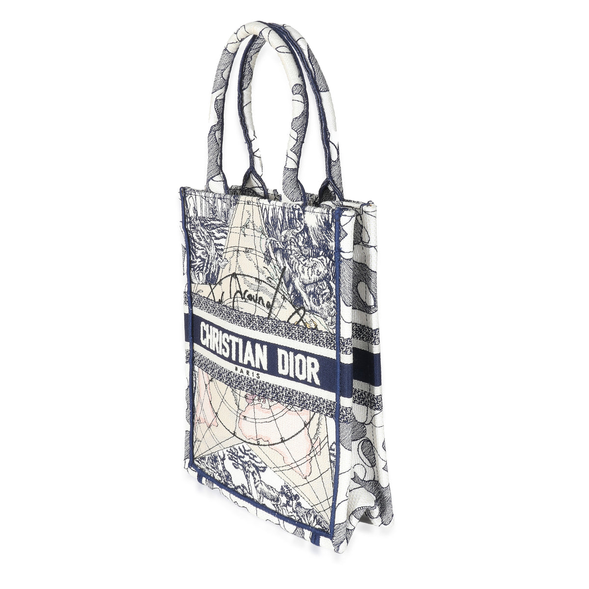 Blue White Embroidered Canvas Vertical Book Tote