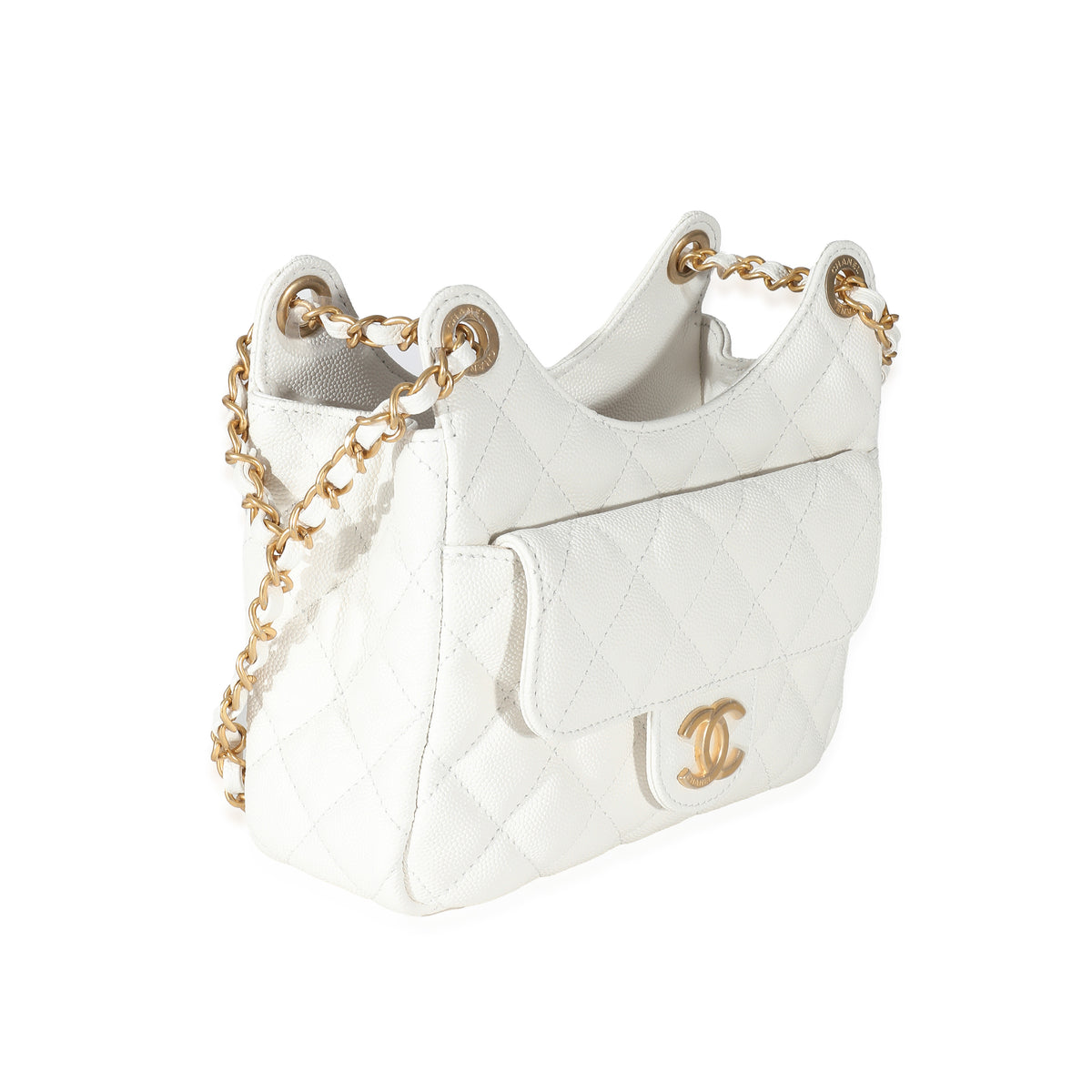 White Quilted Caviar Small Wavy CC Hobo