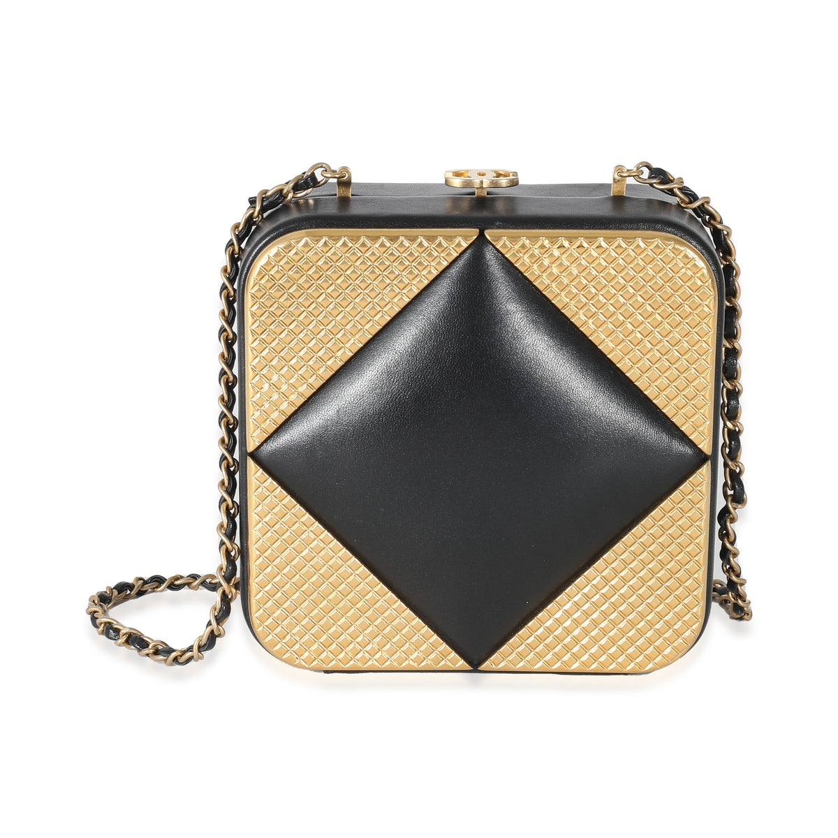 Black Lambskin Gold Metal Square CC Clutch