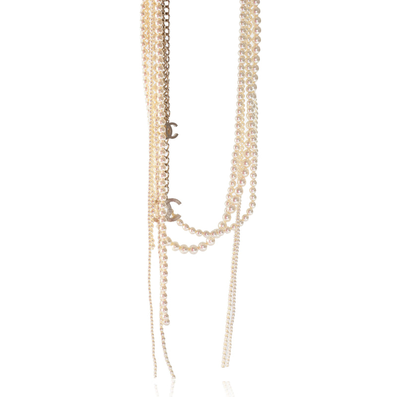 Faux-Pearl Fringe Necklace Gold Toned Chanel Multi-Strand B 14 B