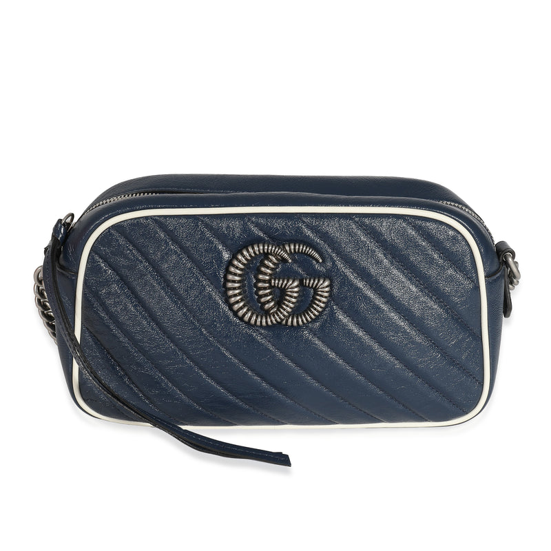 Gucci Navy White Matelasse Leather Small Torchon GG Marmont Shoulder Bag